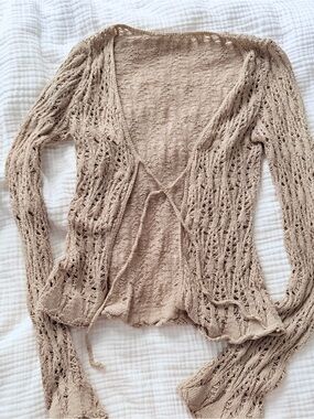 Vintage Open-Knit Crochet Tie-Front Cardigan